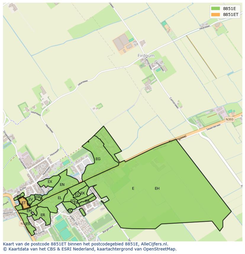 Afbeelding van het postcodegebied 8851 ET op de kaart.