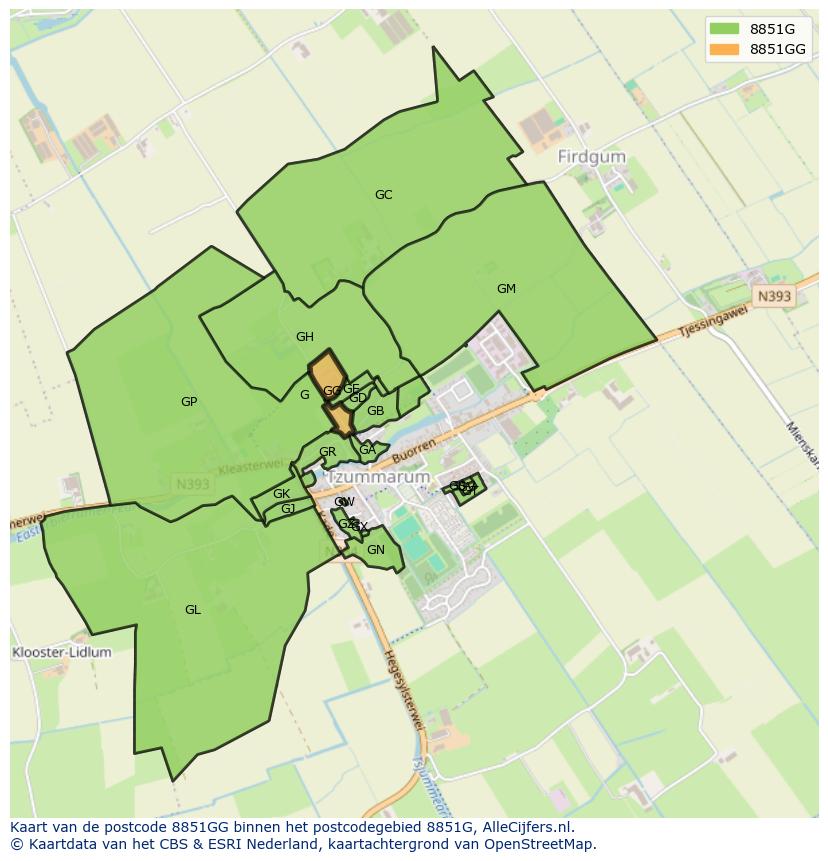 Afbeelding van het postcodegebied 8851 GG op de kaart.