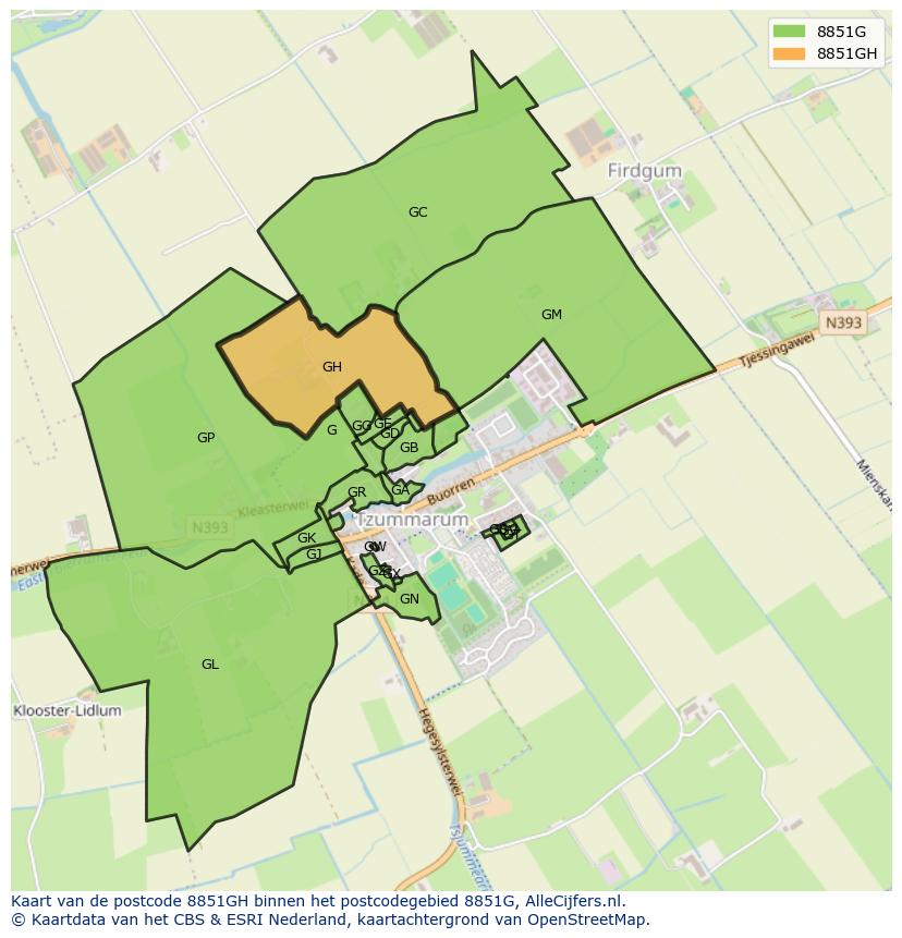 Afbeelding van het postcodegebied 8851 GH op de kaart.