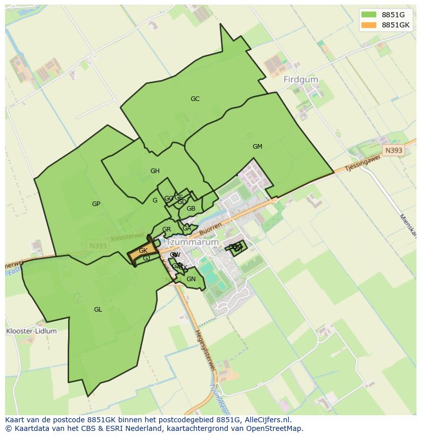 Afbeelding van het postcodegebied 8851 GK op de kaart.
