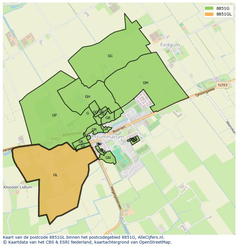 Afbeelding van het postcodegebied 8851 GL op de kaart.
