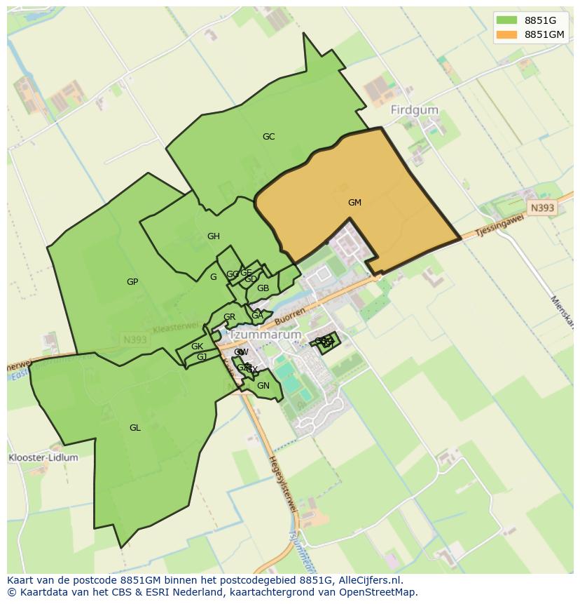 Afbeelding van het postcodegebied 8851 GM op de kaart.