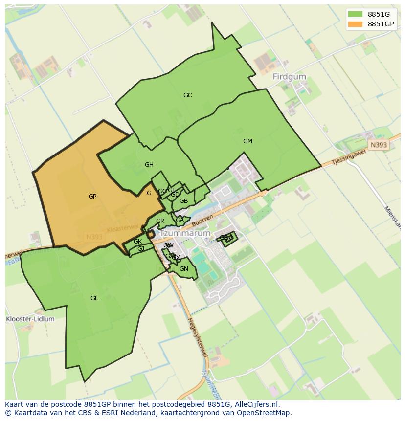 Afbeelding van het postcodegebied 8851 GP op de kaart.
