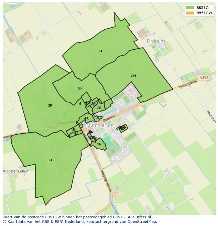 Afbeelding van het postcodegebied 8851 GW op de kaart.