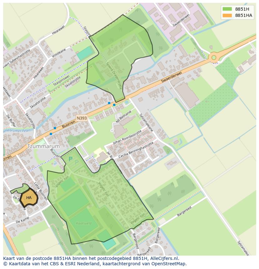 Afbeelding van het postcodegebied 8851 HA op de kaart.