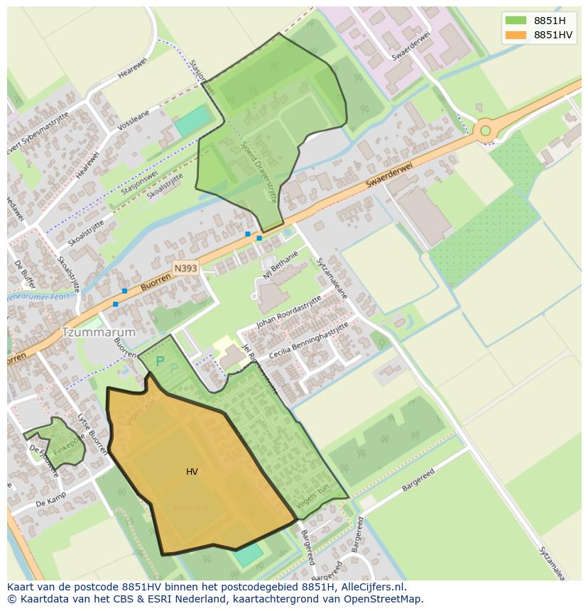 Afbeelding van het postcodegebied 8851 HV op de kaart.