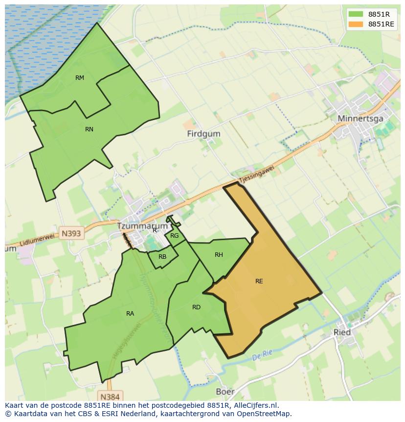 Afbeelding van het postcodegebied 8851 RE op de kaart.