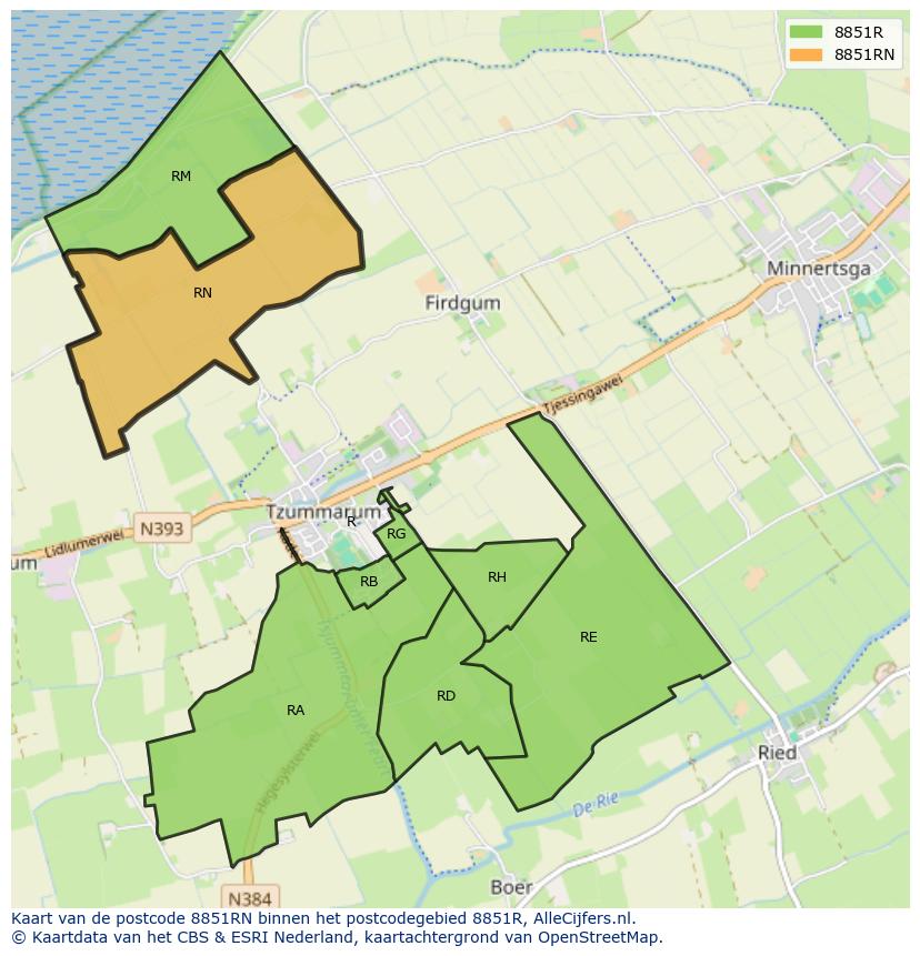 Afbeelding van het postcodegebied 8851 RN op de kaart.