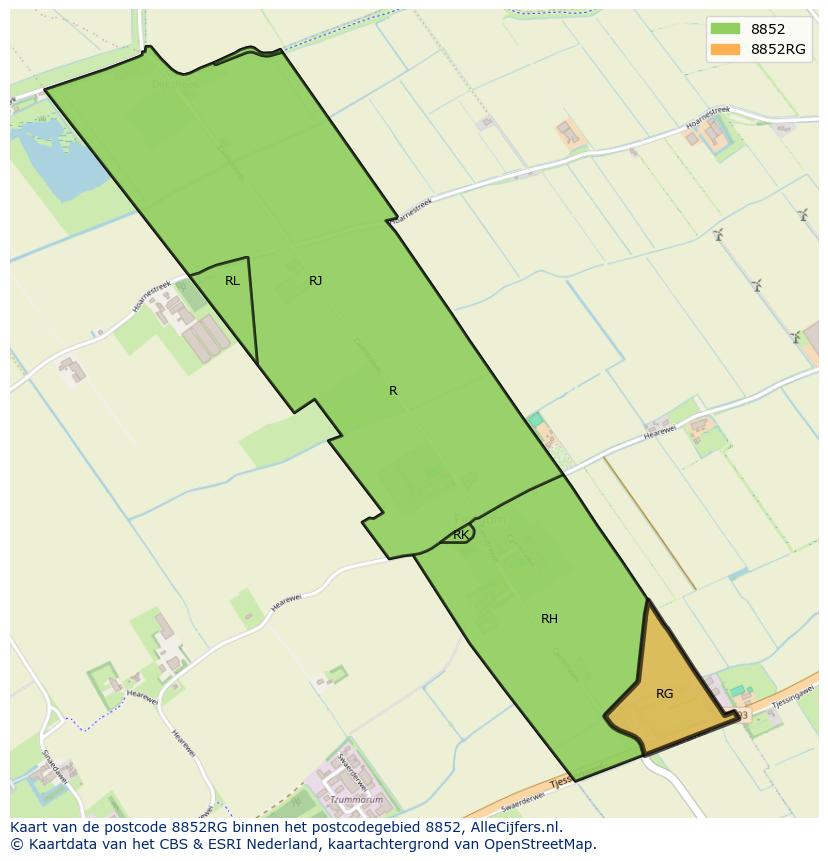Afbeelding van het postcodegebied 8852 RG op de kaart.