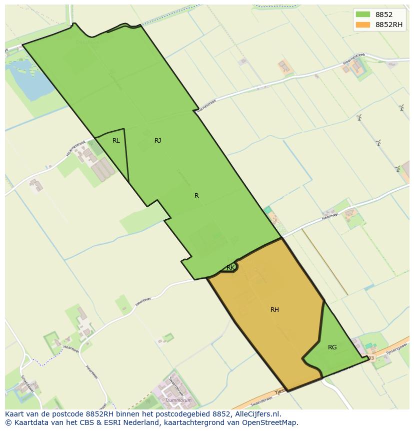 Afbeelding van het postcodegebied 8852 RH op de kaart.