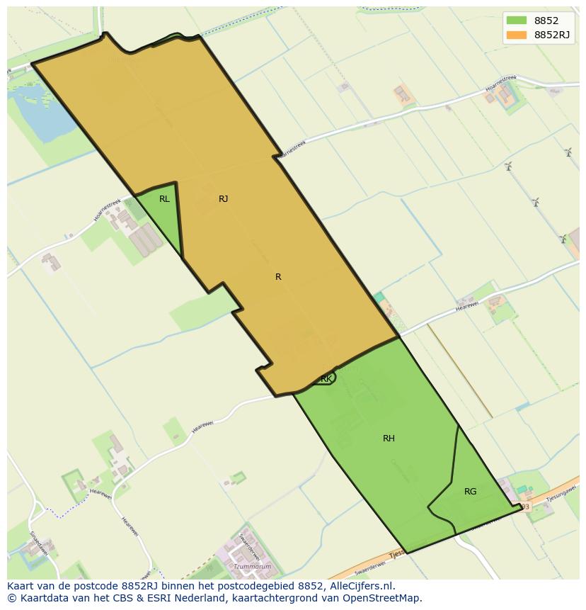Afbeelding van het postcodegebied 8852 RJ op de kaart.