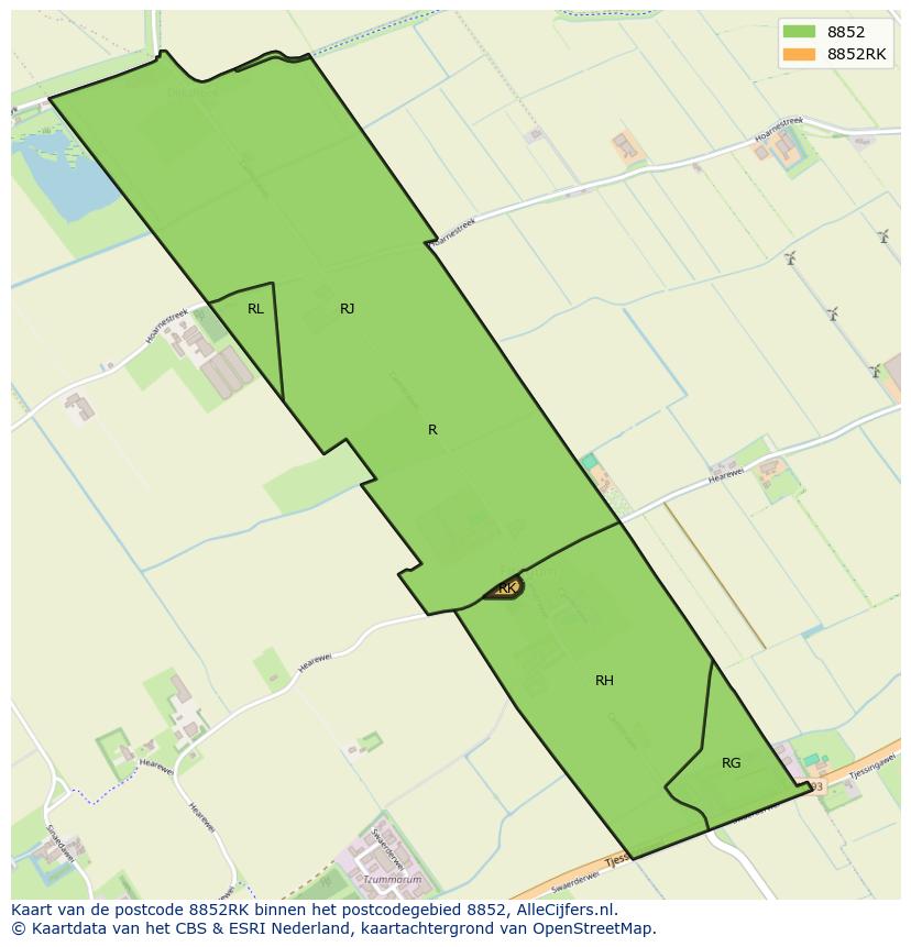 Afbeelding van het postcodegebied 8852 RK op de kaart.