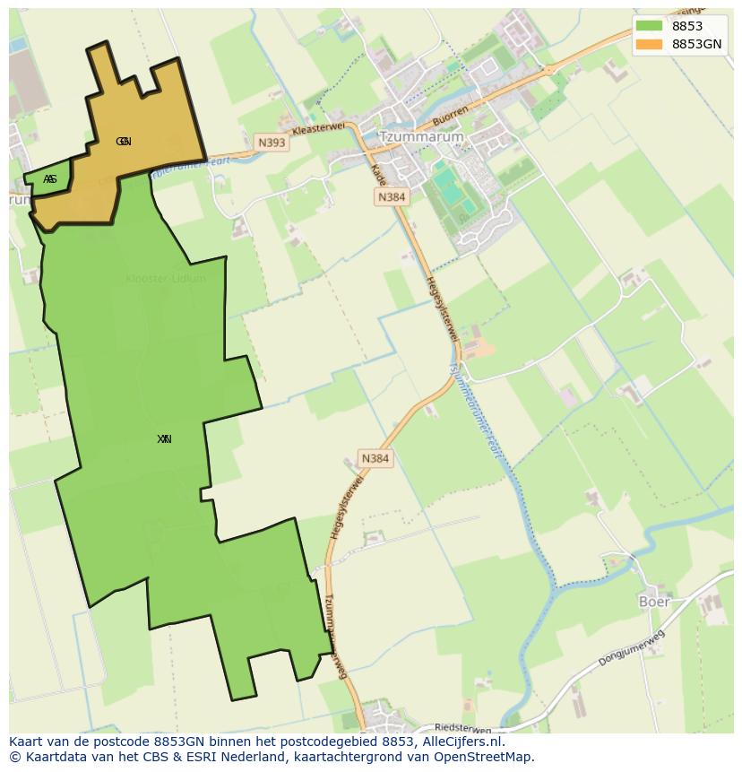 Afbeelding van het postcodegebied 8853 GN op de kaart.