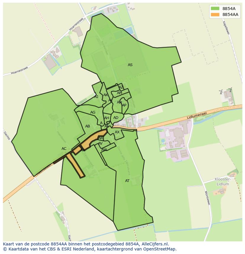 Afbeelding van het postcodegebied 8854 AA op de kaart.