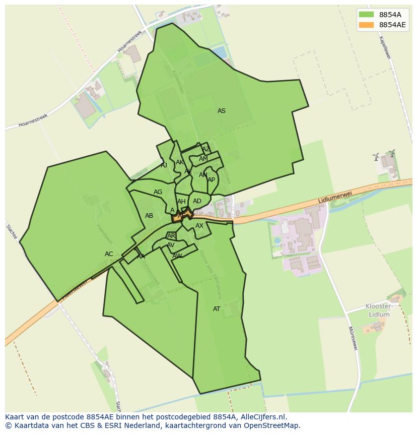 Afbeelding van het postcodegebied 8854 AE op de kaart.