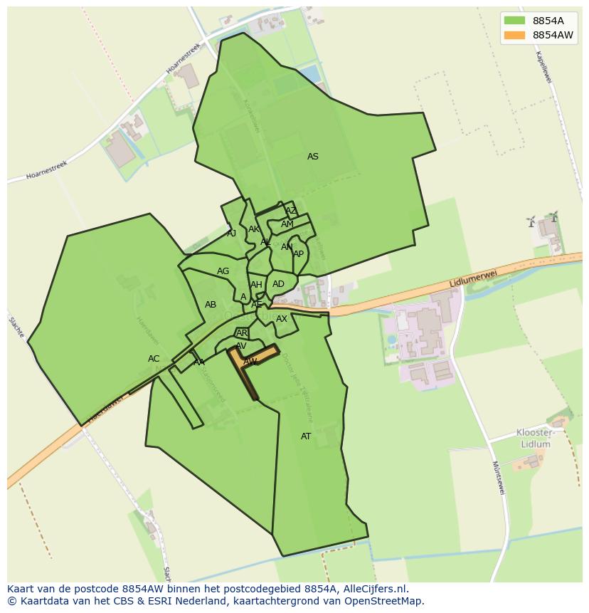 Afbeelding van het postcodegebied 8854 AW op de kaart.