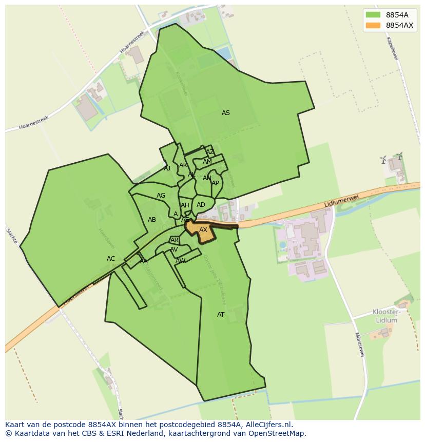Afbeelding van het postcodegebied 8854 AX op de kaart.