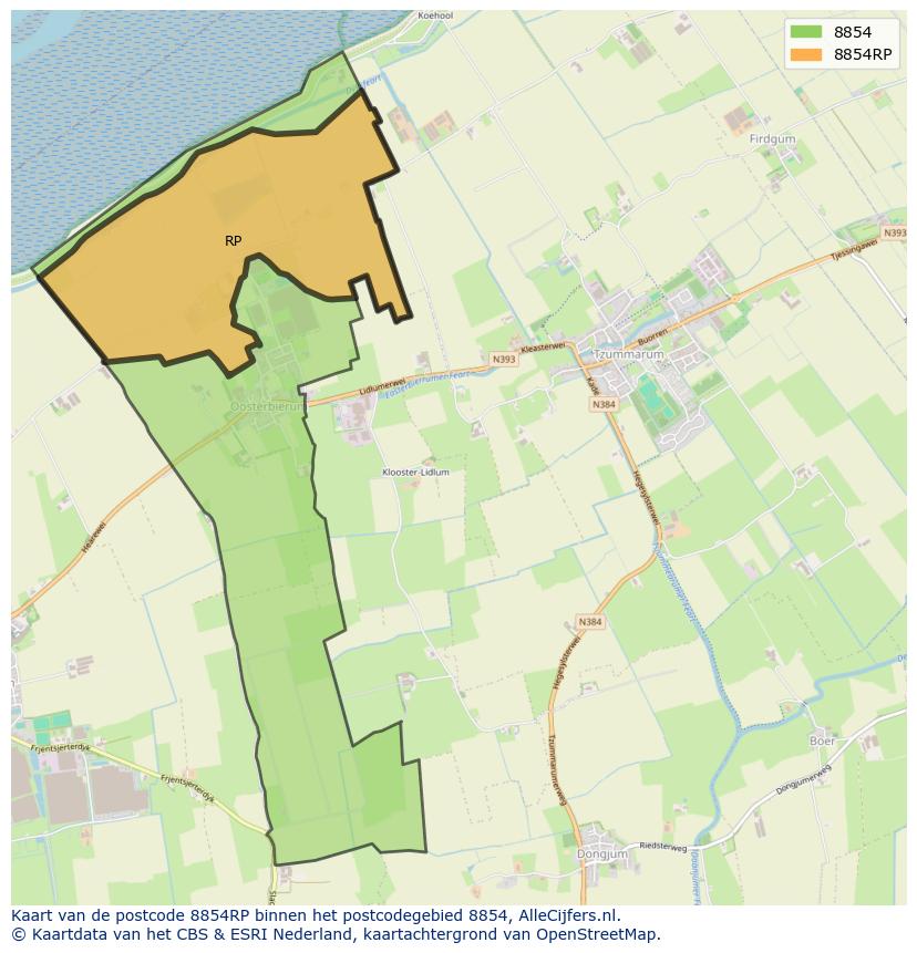 Afbeelding van het postcodegebied 8854 RP op de kaart.