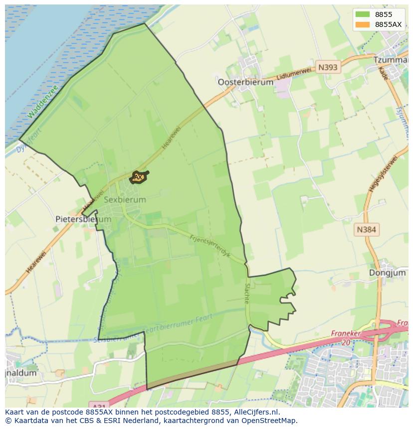 Afbeelding van het postcodegebied 8855 AX op de kaart.