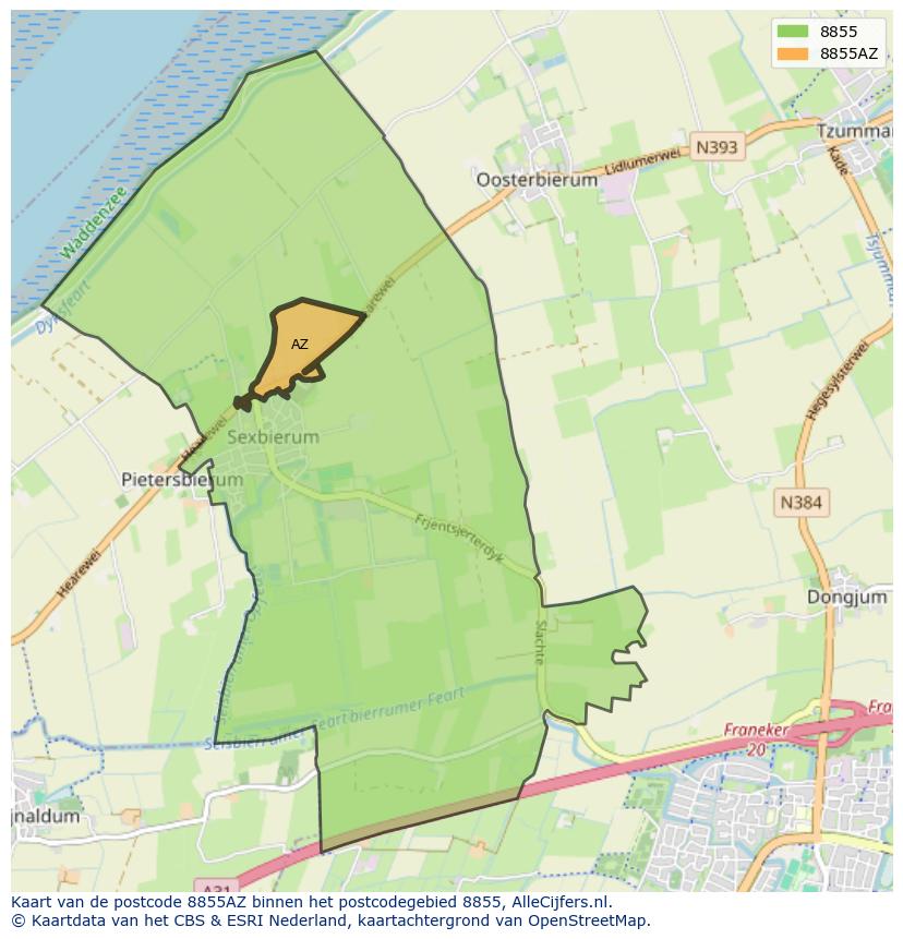 Afbeelding van het postcodegebied 8855 AZ op de kaart.