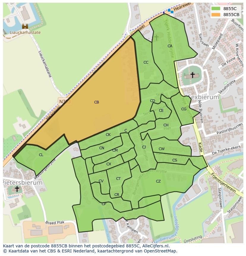 Afbeelding van het postcodegebied 8855 CB op de kaart.