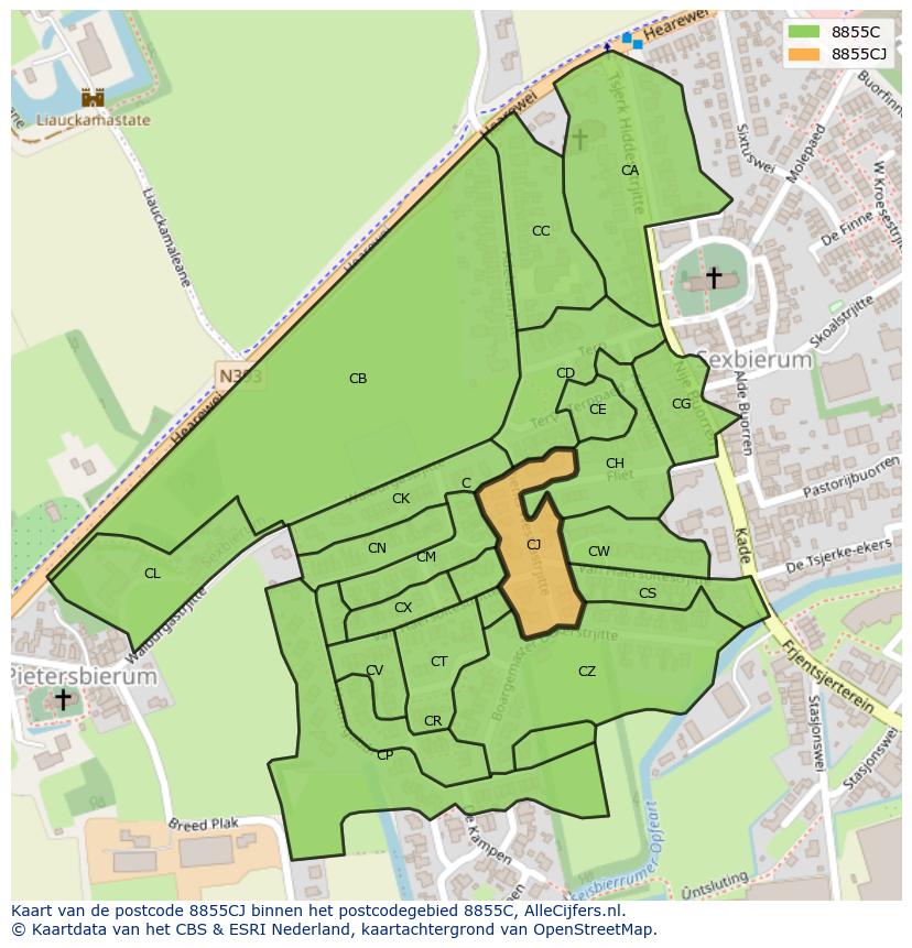 Afbeelding van het postcodegebied 8855 CJ op de kaart.
