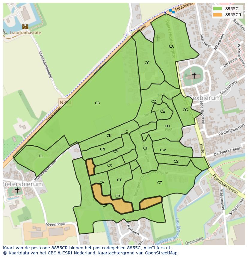 Afbeelding van het postcodegebied 8855 CR op de kaart.
