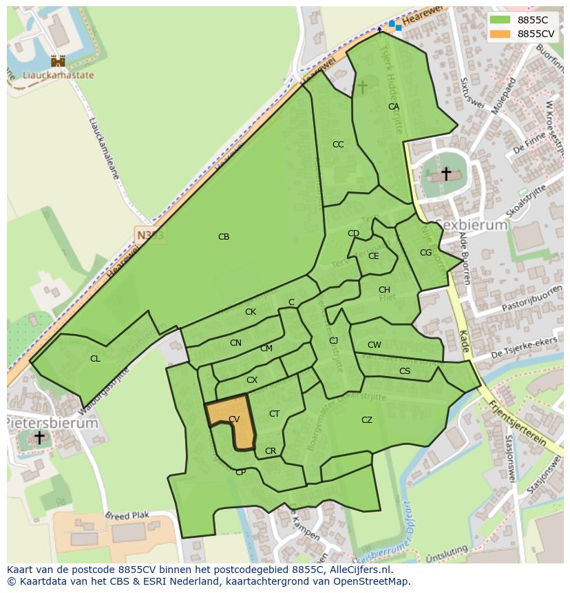 Afbeelding van het postcodegebied 8855 CV op de kaart.