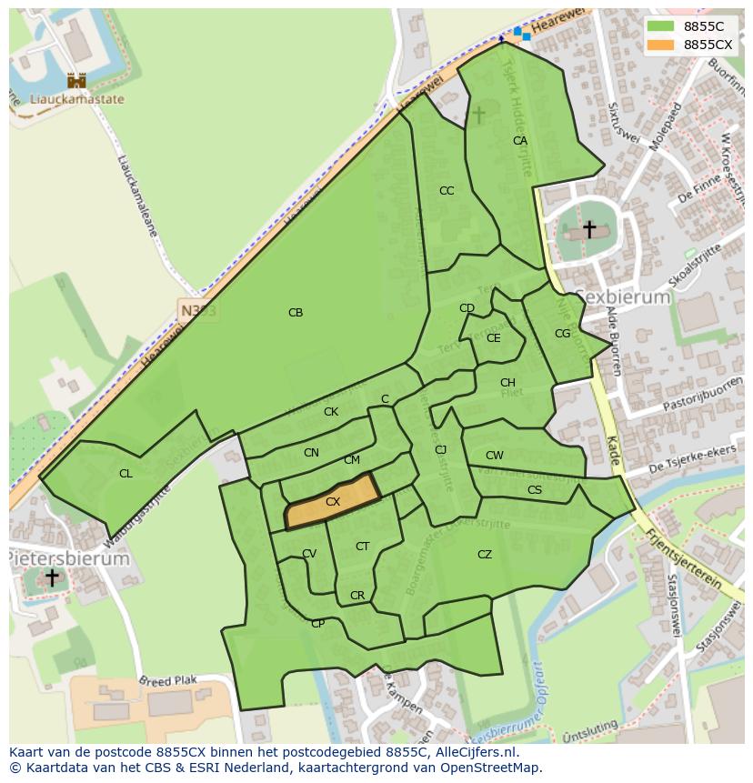 Afbeelding van het postcodegebied 8855 CX op de kaart.