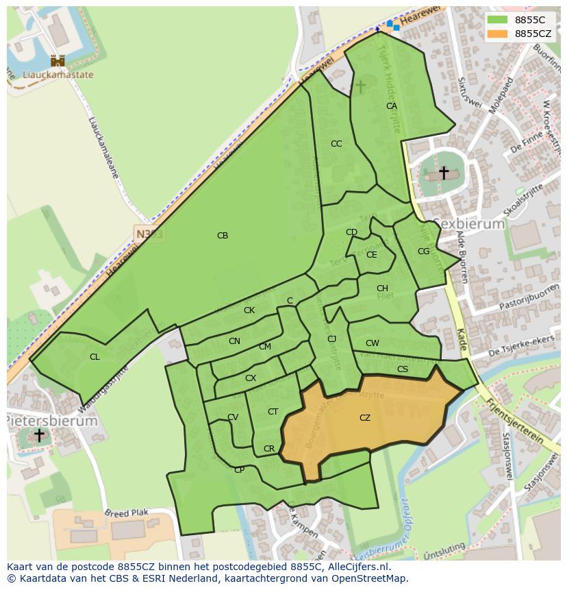 Afbeelding van het postcodegebied 8855 CZ op de kaart.