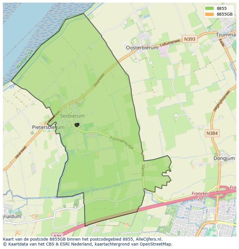 Afbeelding van het postcodegebied 8855 GB op de kaart.