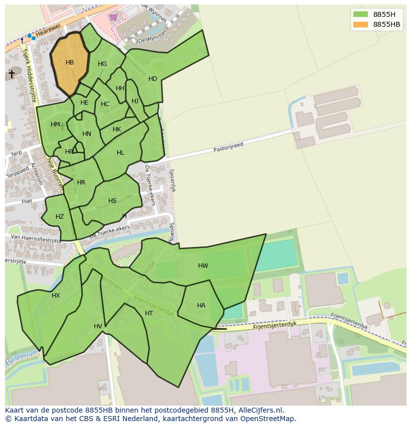 Afbeelding van het postcodegebied 8855 HB op de kaart.