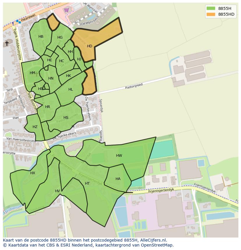 Afbeelding van het postcodegebied 8855 HD op de kaart.