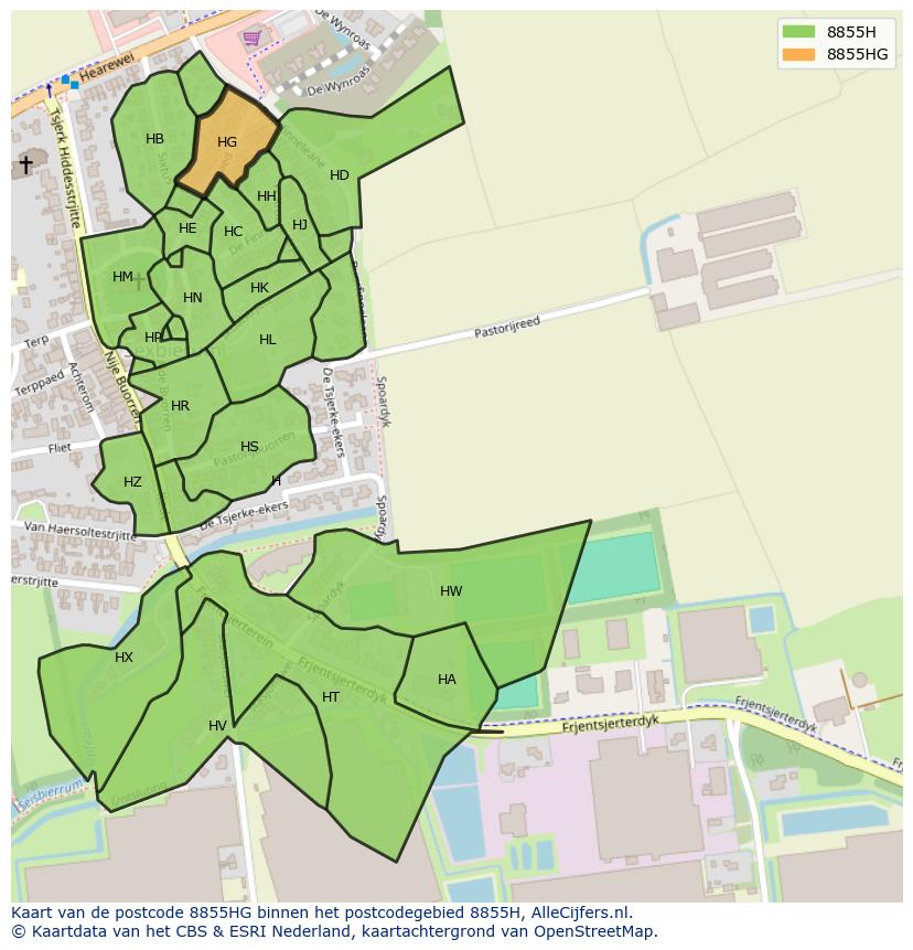 Afbeelding van het postcodegebied 8855 HG op de kaart.