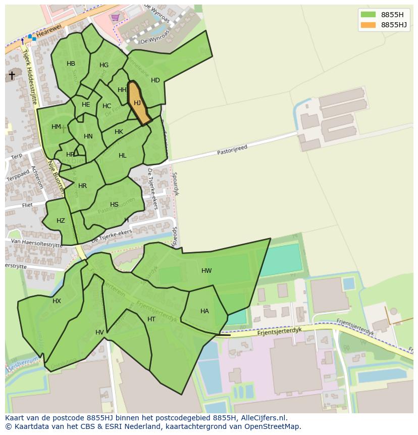 Afbeelding van het postcodegebied 8855 HJ op de kaart.