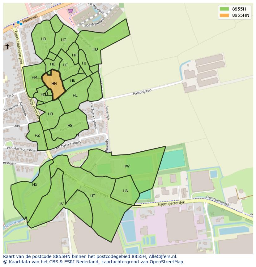 Afbeelding van het postcodegebied 8855 HN op de kaart.