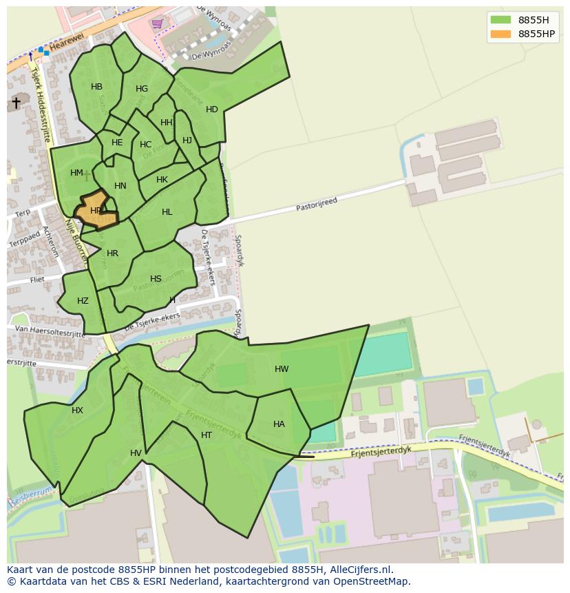 Afbeelding van het postcodegebied 8855 HP op de kaart.