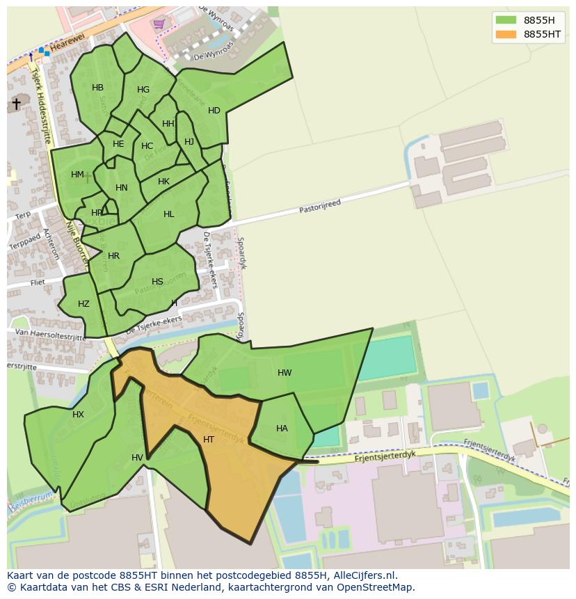 Afbeelding van het postcodegebied 8855 HT op de kaart.