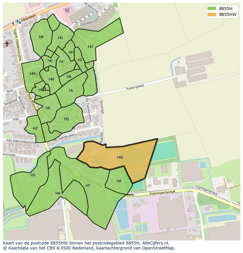 Afbeelding van het postcodegebied 8855 HW op de kaart.