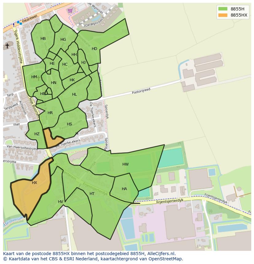 Afbeelding van het postcodegebied 8855 HX op de kaart.