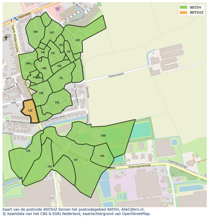 Afbeelding van het postcodegebied 8855 HZ op de kaart.