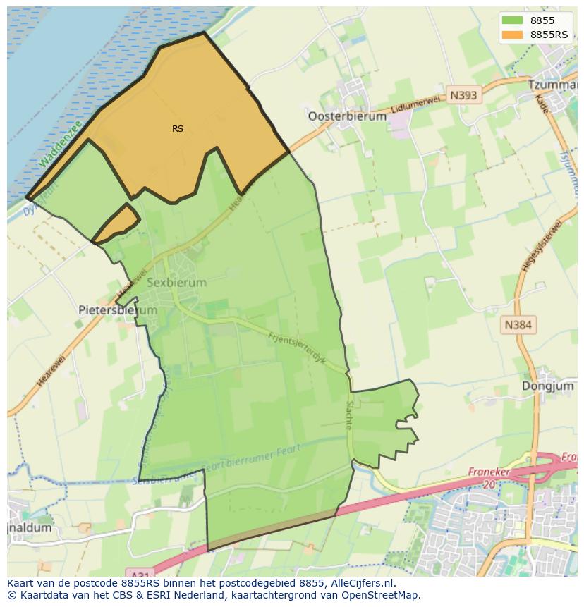 Afbeelding van het postcodegebied 8855 RS op de kaart.