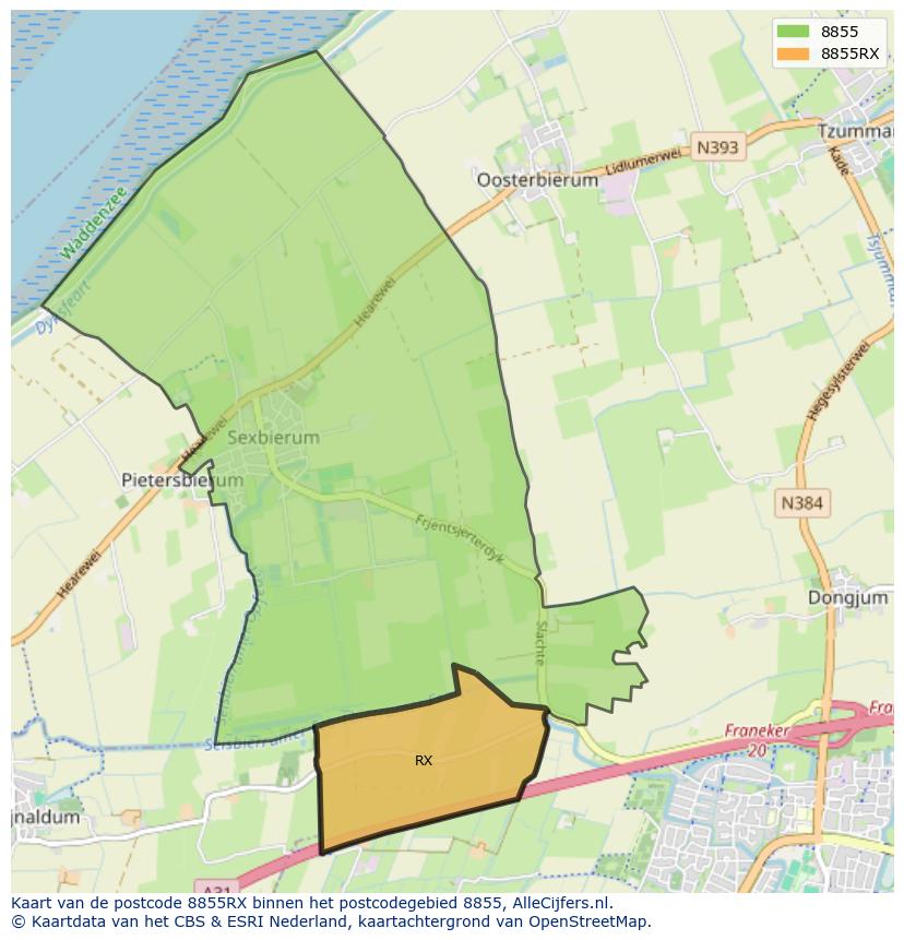 Afbeelding van het postcodegebied 8855 RX op de kaart.