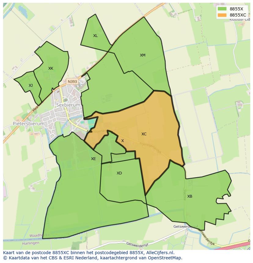 Afbeelding van het postcodegebied 8855 XC op de kaart.