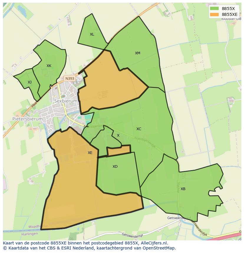 Afbeelding van het postcodegebied 8855 XE op de kaart.