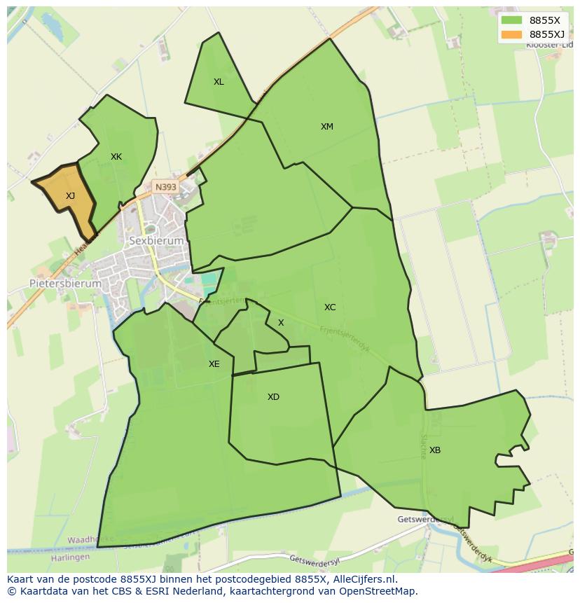 Afbeelding van het postcodegebied 8855 XJ op de kaart.