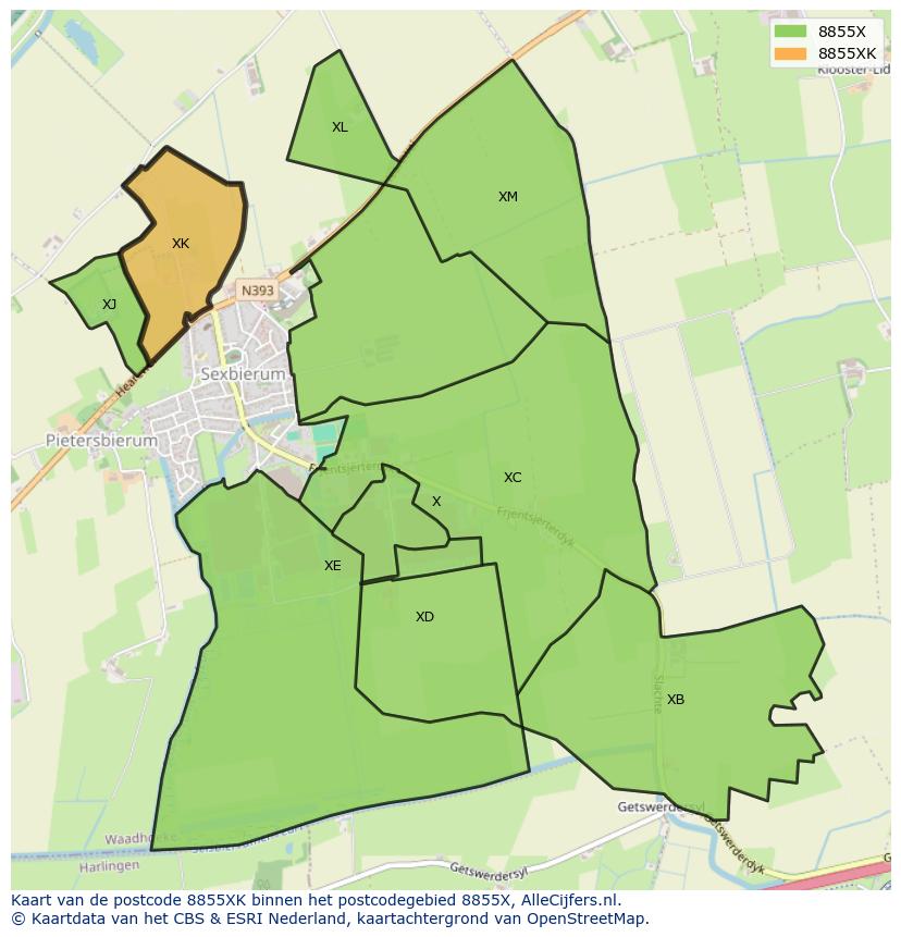 Afbeelding van het postcodegebied 8855 XK op de kaart.