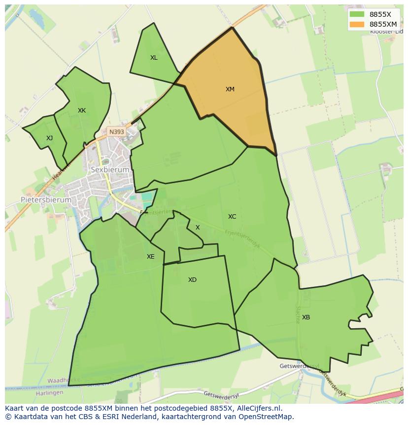 Afbeelding van het postcodegebied 8855 XM op de kaart.
