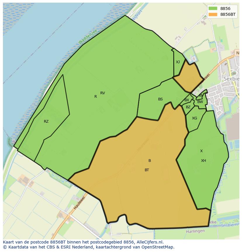 Afbeelding van het postcodegebied 8856 BT op de kaart.