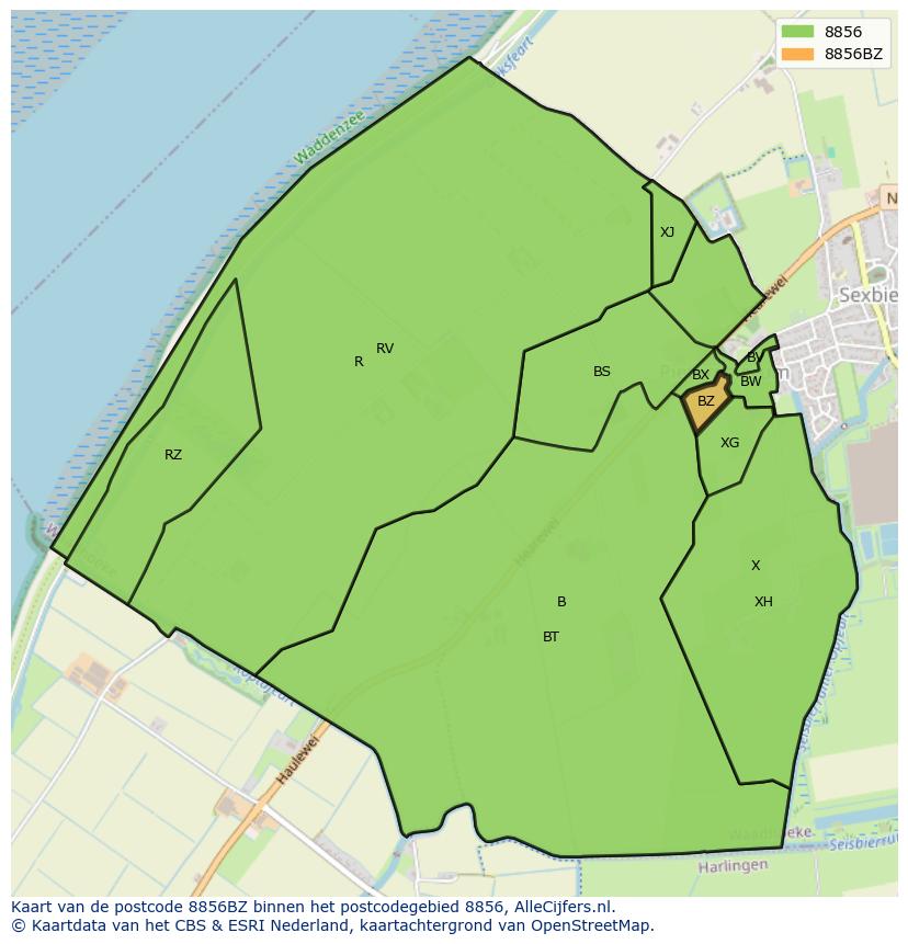 Afbeelding van het postcodegebied 8856 BZ op de kaart.
